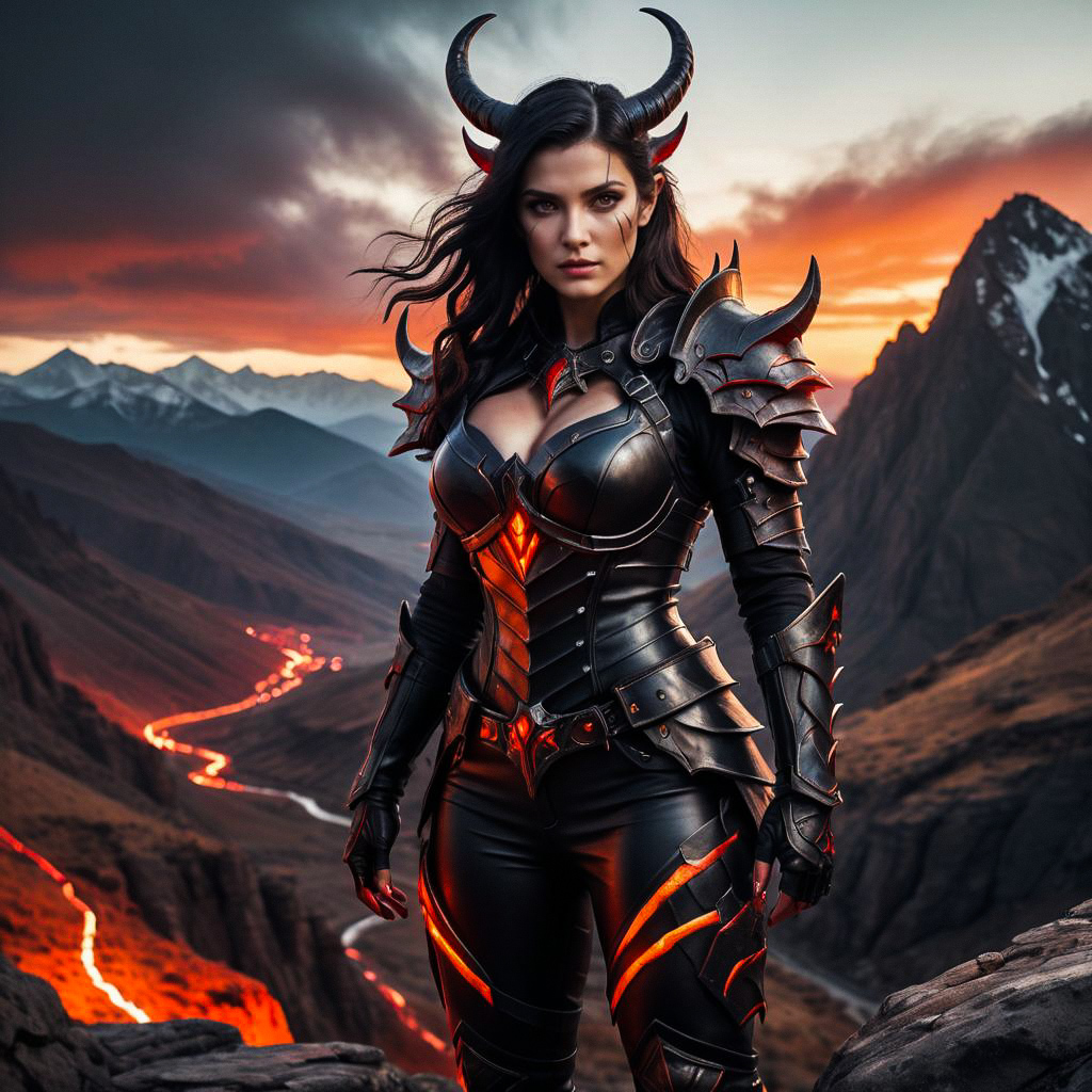 Fierce Woman in Dark Armor with Glowing Red Accents