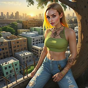 Stylish Woman on Tree Branch Overlooking City at Sunset
