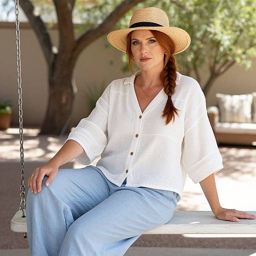 Woman in Straw Hat Relaxing on Outdoor Swing