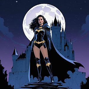 Woman in Dark Costume with Cape by Full Moon and Gothic Castle