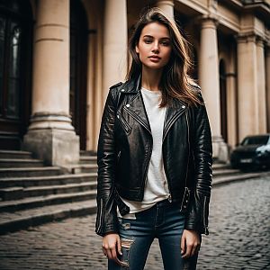Stylish Woman in Black Leather Jacket on Cobblestone Street