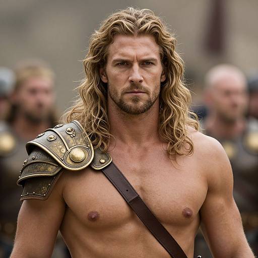 Ancient Warrior Man with Bronze Shoulder Armor and Long Curly Hair