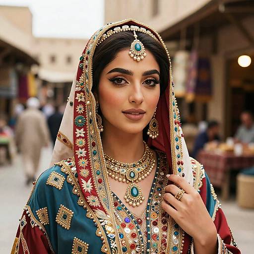 South Asian Woman in Traditional Bridal Outfit with Embroidered Dupatta and Jewelry