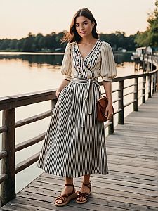 Elegant Woman in Striped Embroidered Dress on Lakeside Wooden Dock