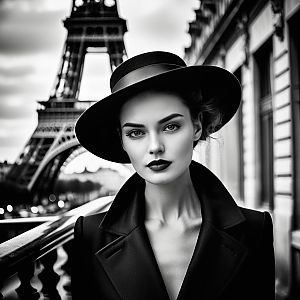 Elegant Black-and-White Portrait of a Woman in Hat