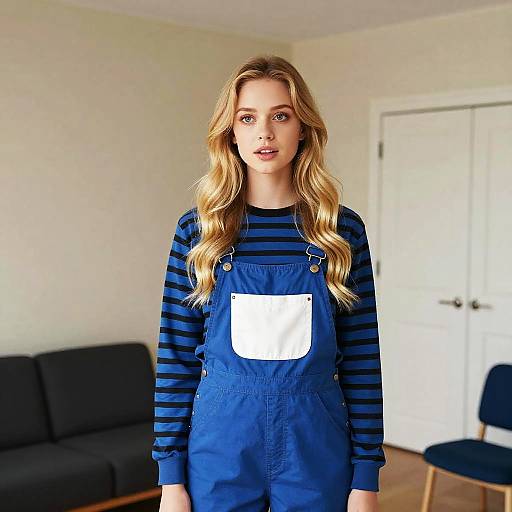Young Woman in Blue Overalls and Striped Shirt in Minimalist Living Room