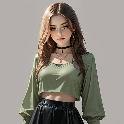 Semi-Realistic Digital Illustration of Young Woman in Olive Green Cropped Top and Black Skirt