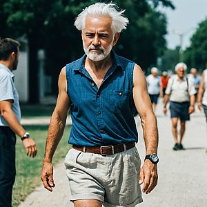 Older man in sleeveless blue shirt and linen shorts outdoors