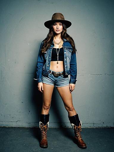 Woman in Mafia Outfit with Denim Jacket, Shorts, Hat, and Boots