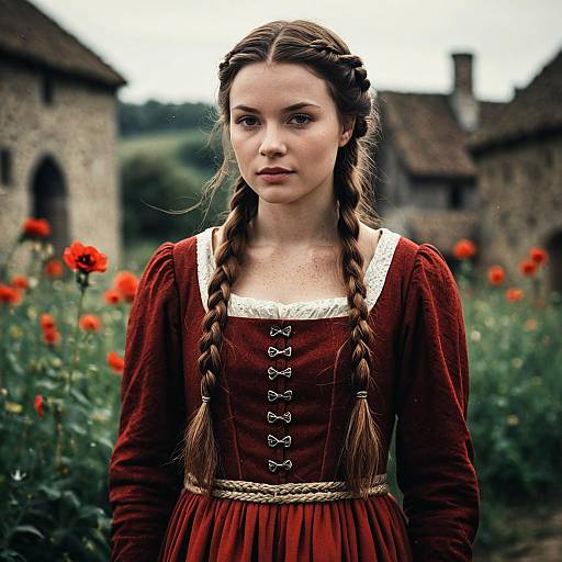 Young Woman in Historical Medieval Clothing with Braided Hair in Village Garden