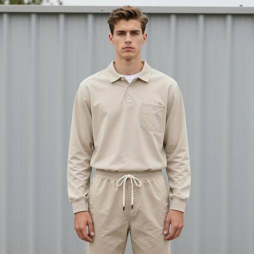 Young Man in Neutral Beige Long Sleeve Polo and Drawstring Pants