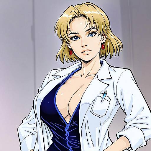 Confident Blonde Woman in Lab Coat Anime Style Portrait