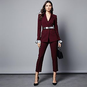Elegant Woman in Burgundy Tailored Suit with Silver Accents and Black Accessories