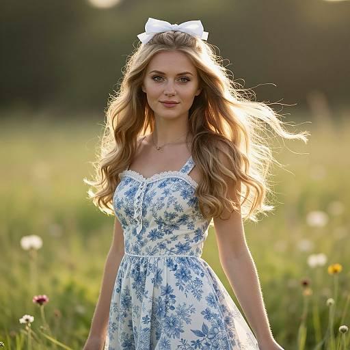Young Woman in Floral Dress Standing in Sunlit Meadow