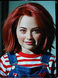 Woman in Chucky Costume with Red Hair and Striped Shirt