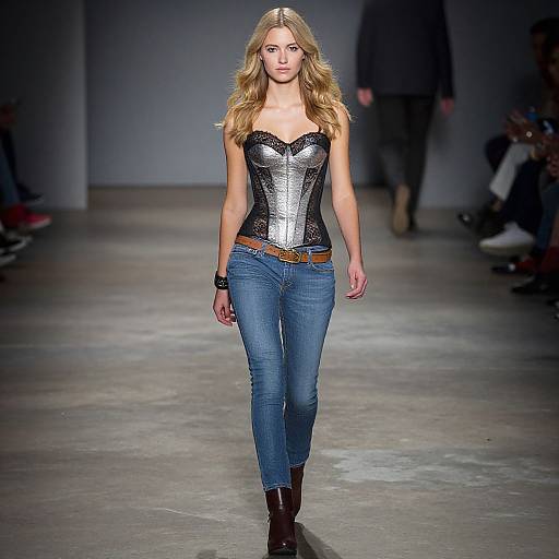 Runway Model in Silver Black Corset and Blue Jeans Fashion Look