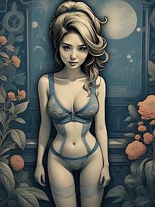 Stylized Woman in Lingerie with Floral and Celestial Design
