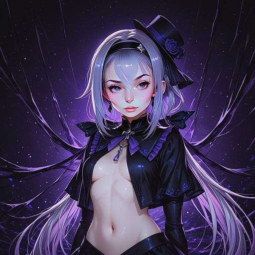 Gothic Fantasy Woman with Silver Hair and Top Hat Digital Illustration