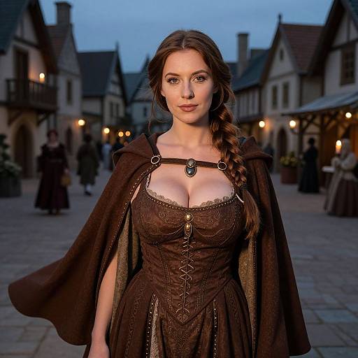 Medieval Woman in Brown Gown and Cloak on Historic Village Street