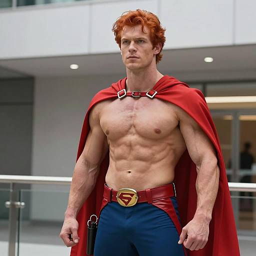Muscular Red-Haired Man in Superhero Costume with Red Cape and 'S' Emblem Belt