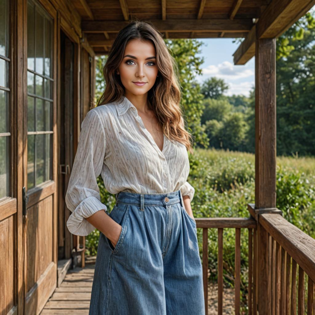 Confident Woman in Stylish Outfit on Rustic Porch