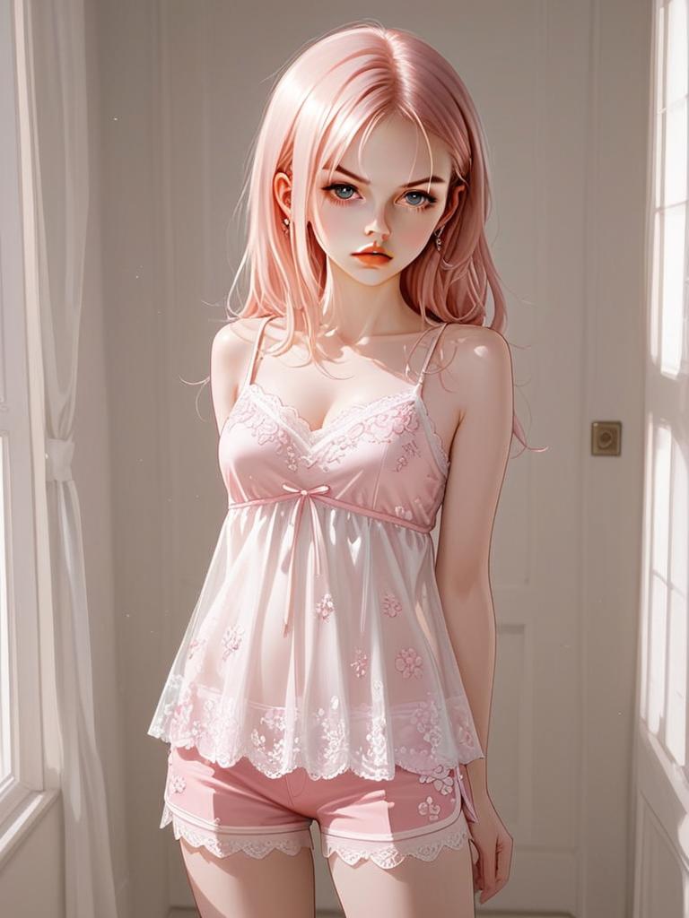 Realistic Portrait of Woman in Lace-Trimmed Silk Camisole and Shorts