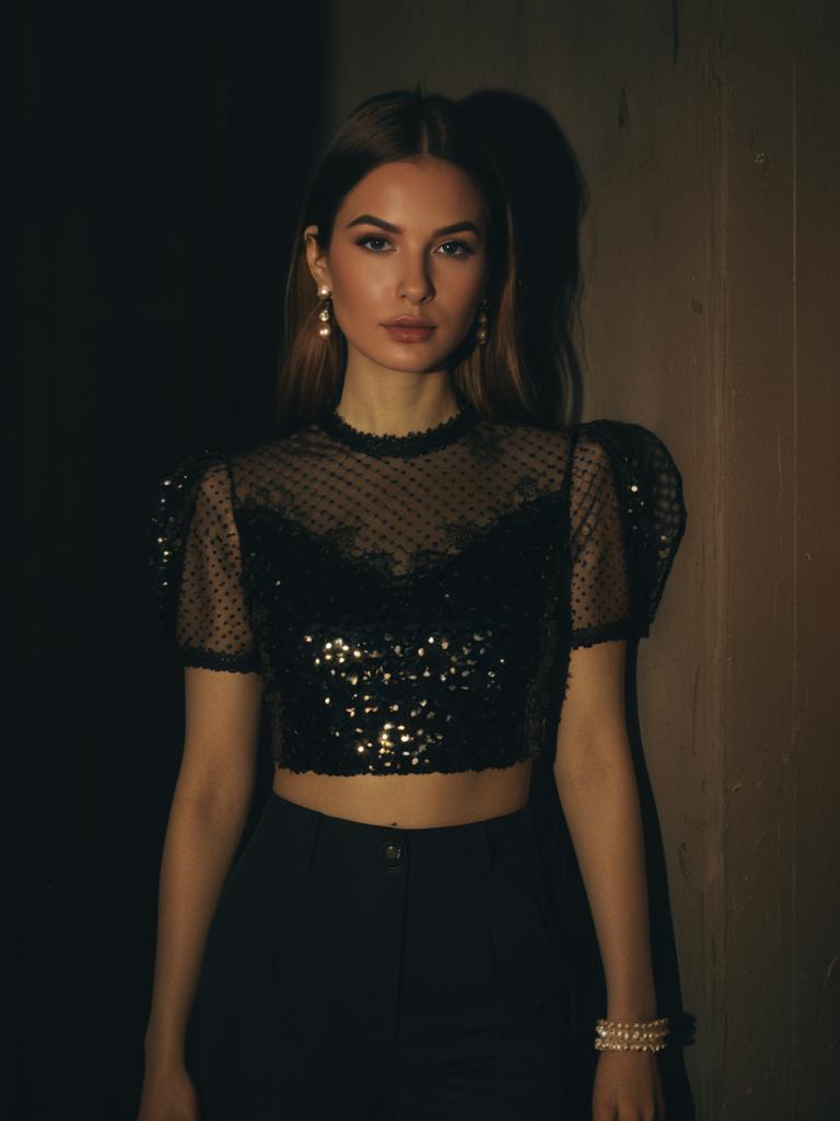 Woman in Chic Black Sequined Crop Top with Sheer Lace Short Sleeves