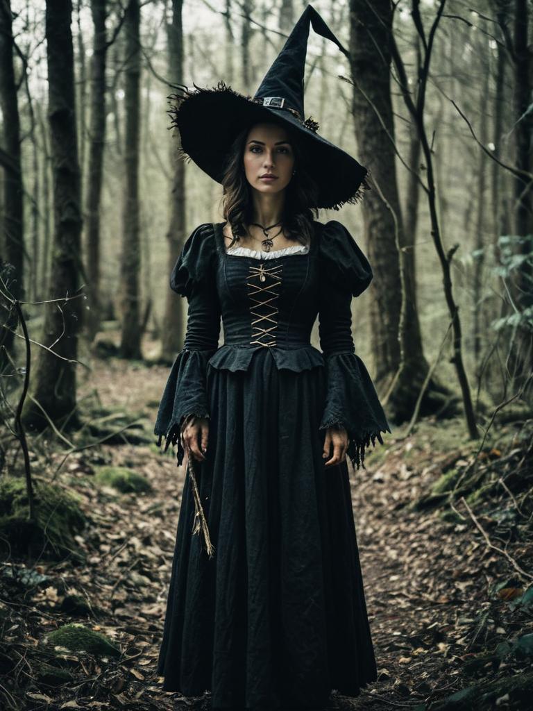 Woman in Woodland Witch Costume with Cinematic Realism in Dark Fantasy Style