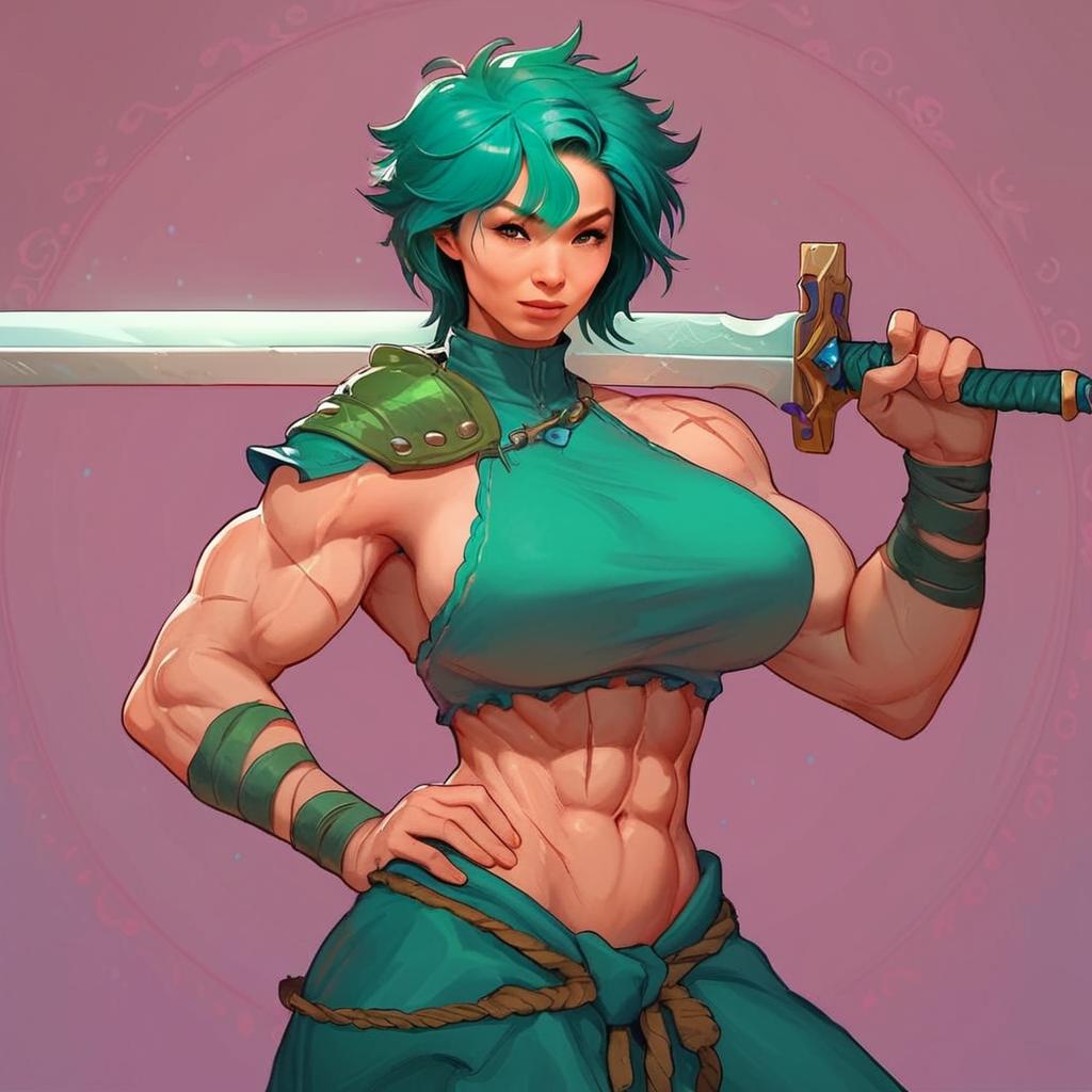 Muscular Woman with Teal Hair and Sword Muscular Woman with Teal Hair and Sword