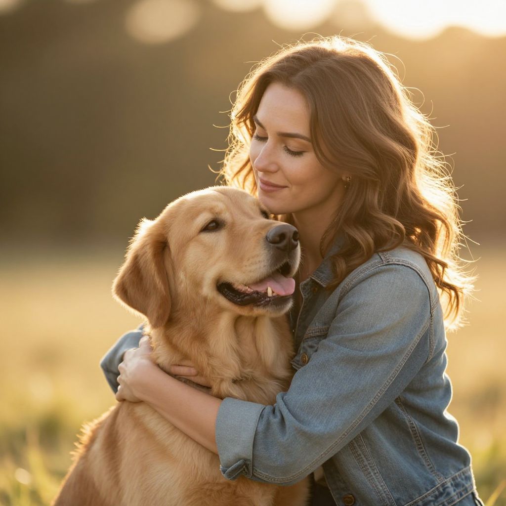 Woman Hugging Golden Retriever in Warm Sunset Light