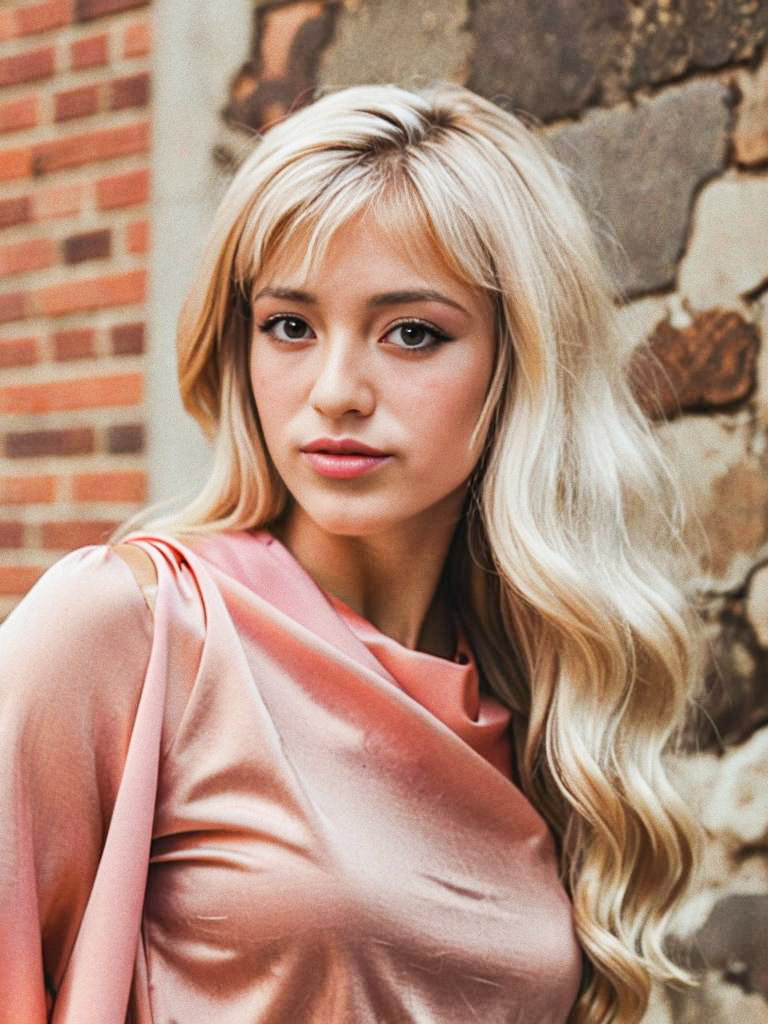 Young Woman in Pink Satin Blouse Against Stone Wall