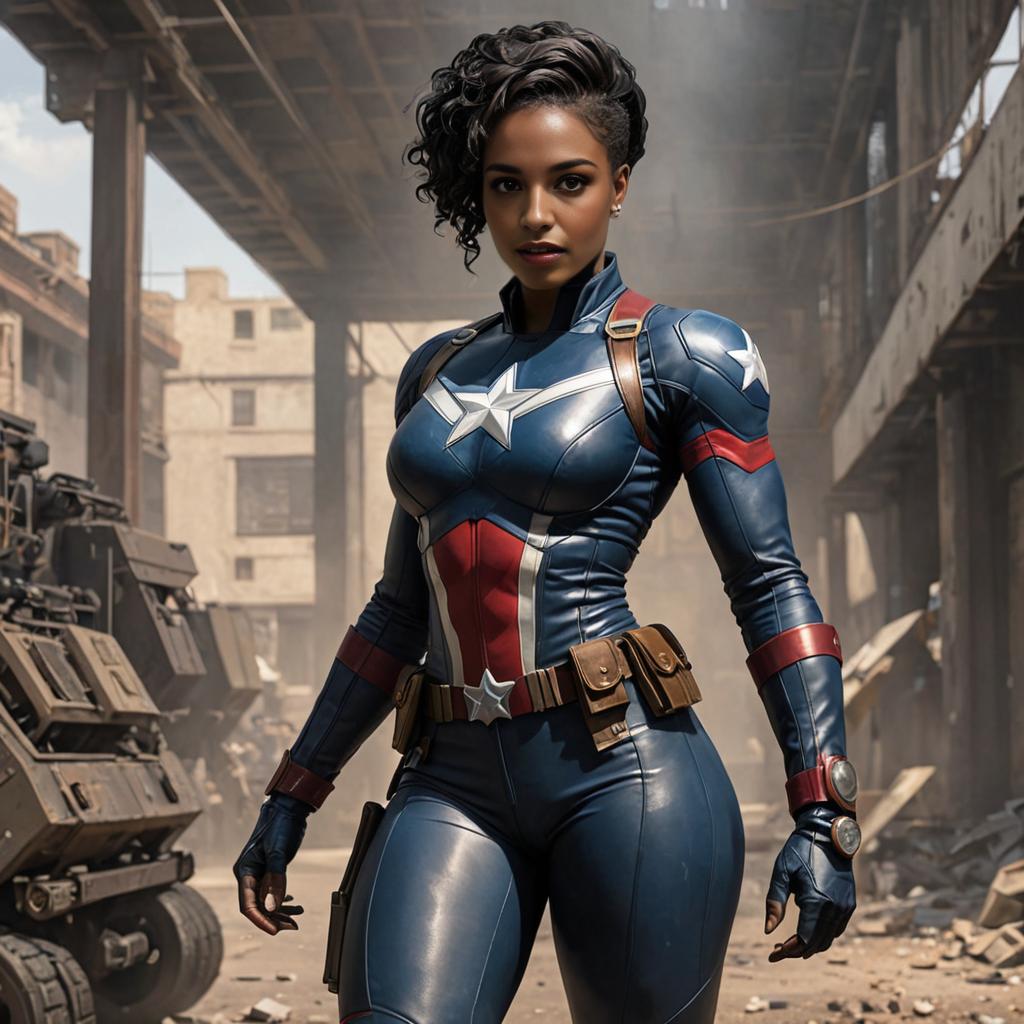 Black Woman as Captain America in Battle-Torn Environment