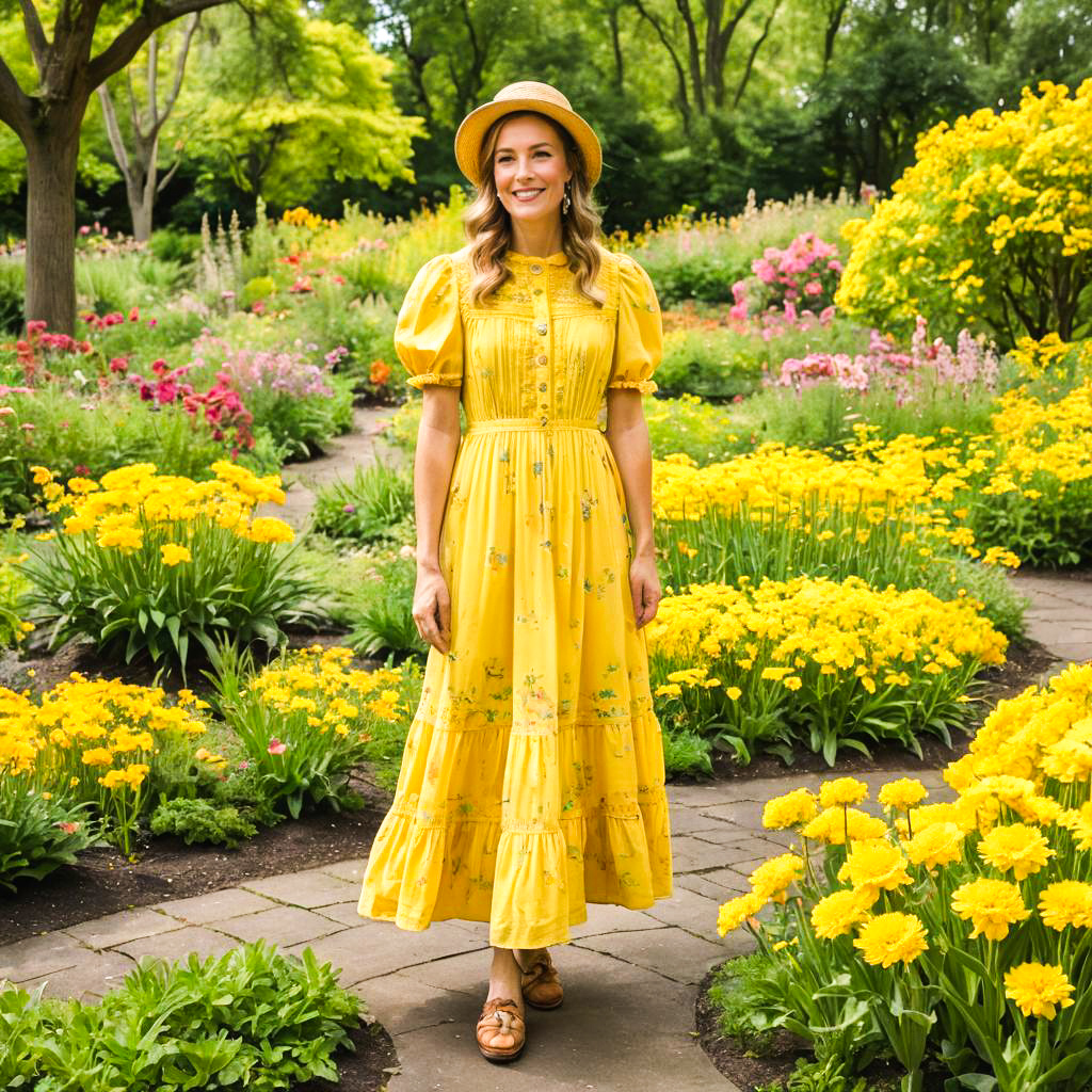 Woman in Yellow Floral Dress in Vibrant Garden