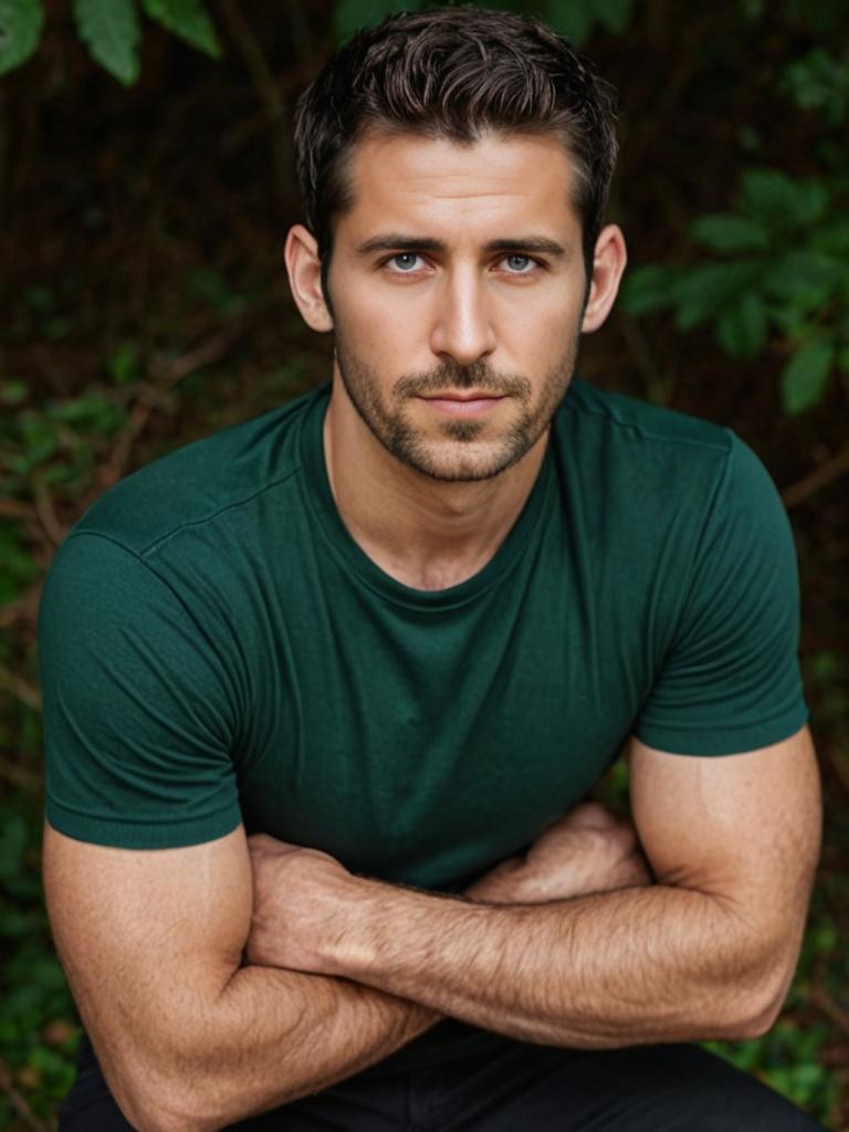 Man in green t-shirt with crossed arms