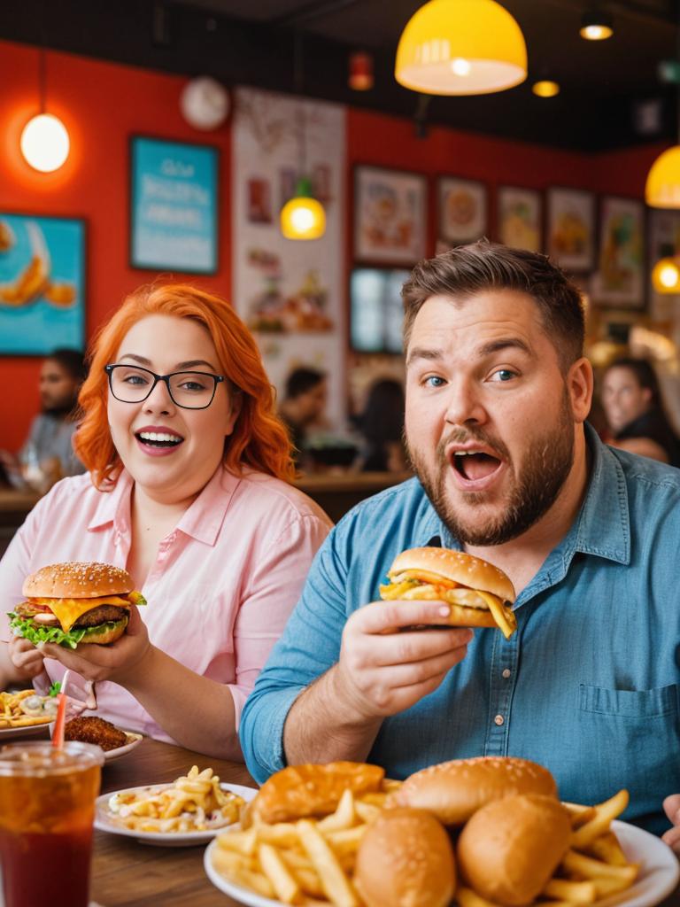 Cheerful Couple Enjoying Burgers and Fries