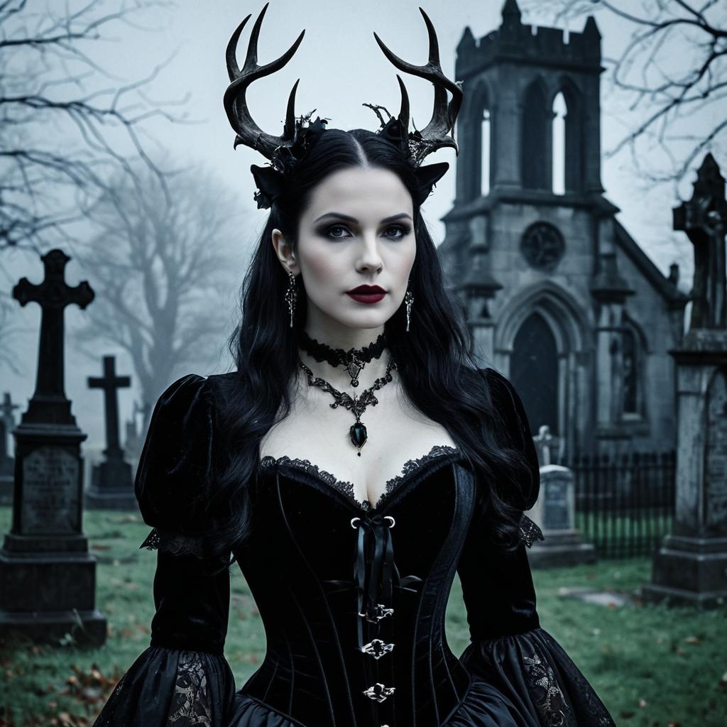 Gothic Woman with Antler Headpiece in Foggy Cemetery