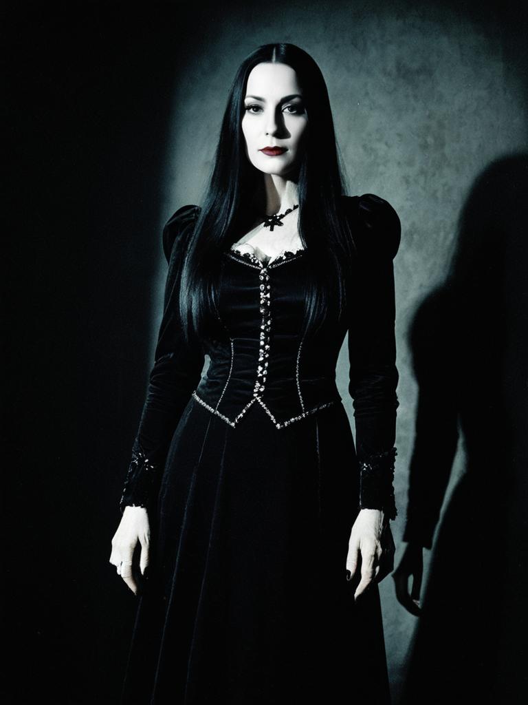 Photorealistic Gothic Morticia Addams Costume Portrait Woman