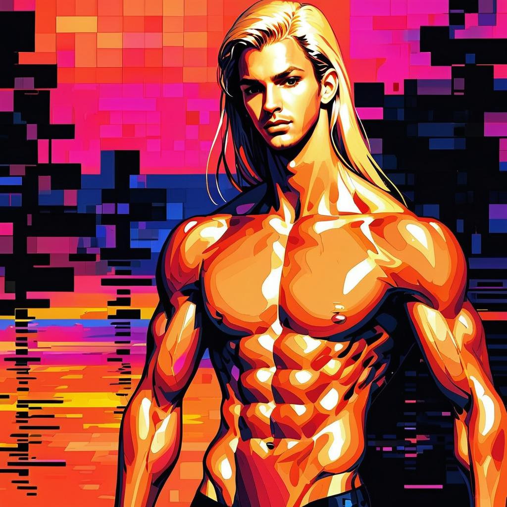 Muscular Man with Blonde Hair in Abstract Background