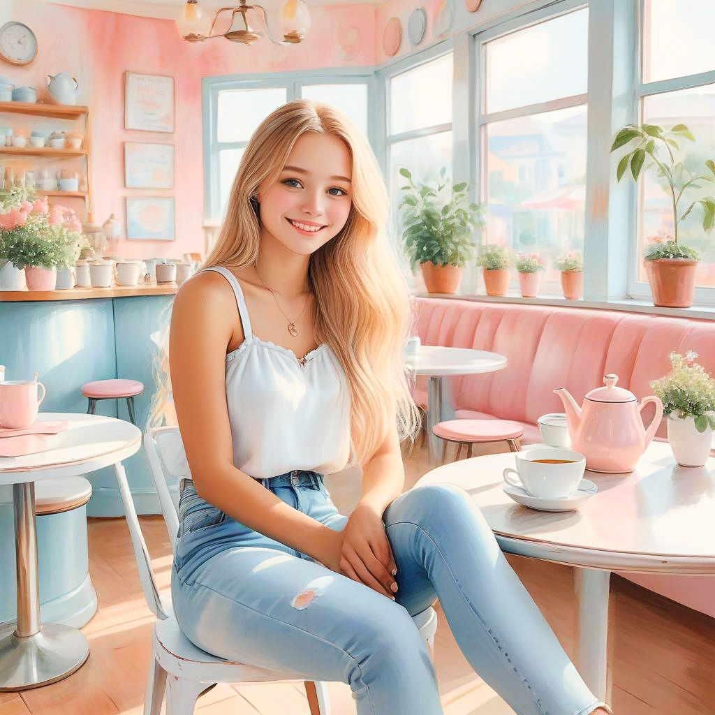 Young Woman in Cozy Pastel Café