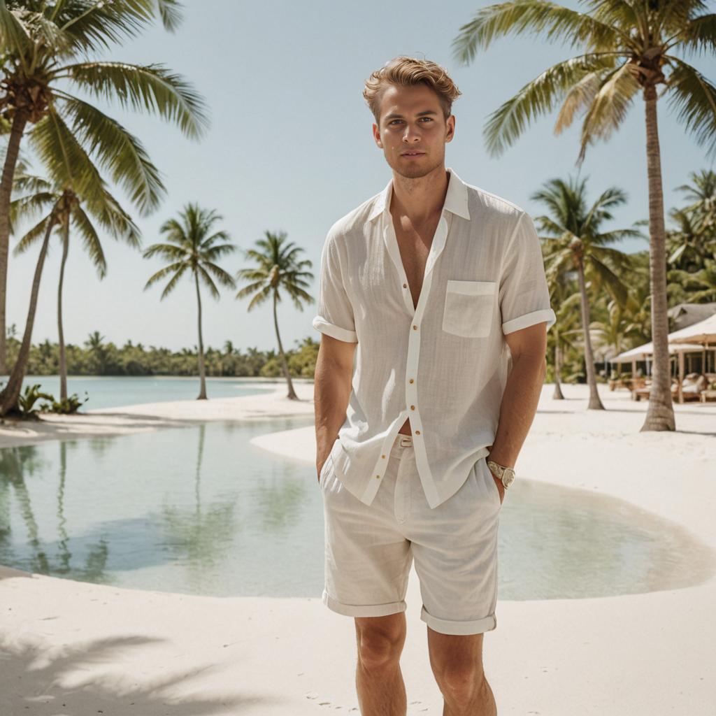 Stylish Man in Summer Beachwear at Tropical Beach