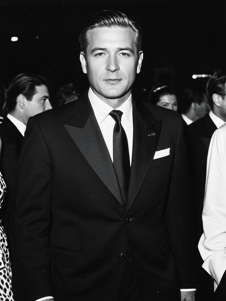 Man in Formal Attire at Fashion Event Black and White Photo