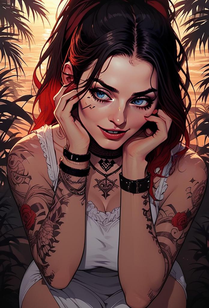 Young Woman with Blue Eyes and Tattoos at Sunset