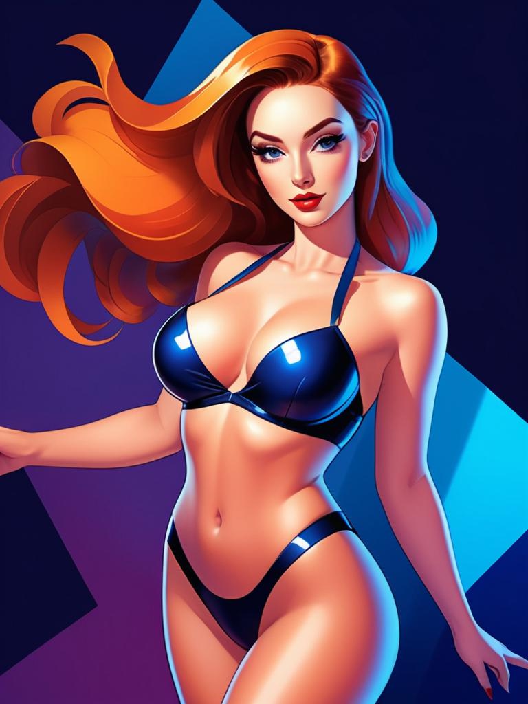 Stylized Digital Illustration of Woman in Navy Blue Bikini with Flowing Red Hair