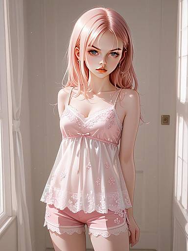 Realistic Portrait of Woman in Lace-Trimmed Silk Camisole and Shorts