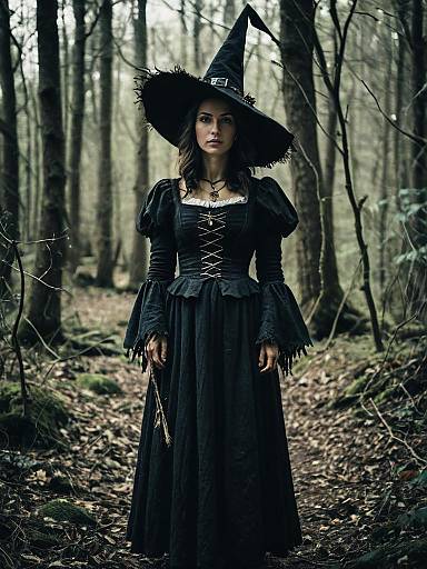 Woman in Woodland Witch Costume with Cinematic Realism in Dark Fantasy Style