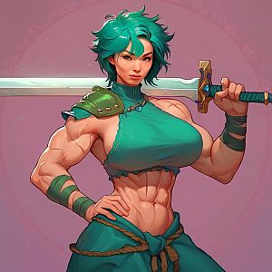 Muscular Woman with Teal Hair and Sword