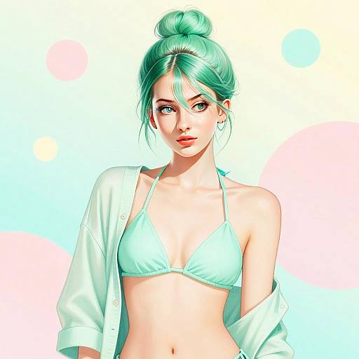 Mint Green Haired Woman in Bikini Top with Pastel Background - Gen Z Style Illustration