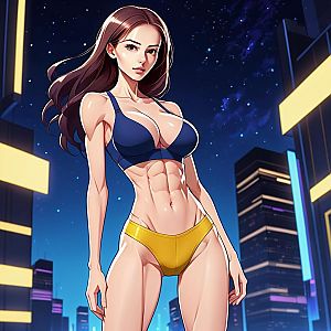 Fit Woman in Sporty Bikini Against Futuristic Cityscape
