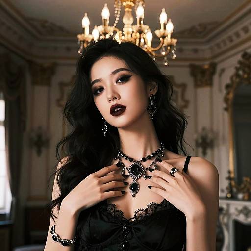 Glamorous Woman in Black Lace Dress with Bold Jewelry in Vintage Interior