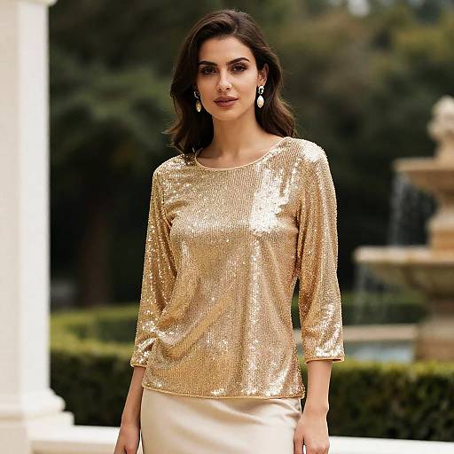 Woman Wearing Gold Sequin Tunic Top in Garden
